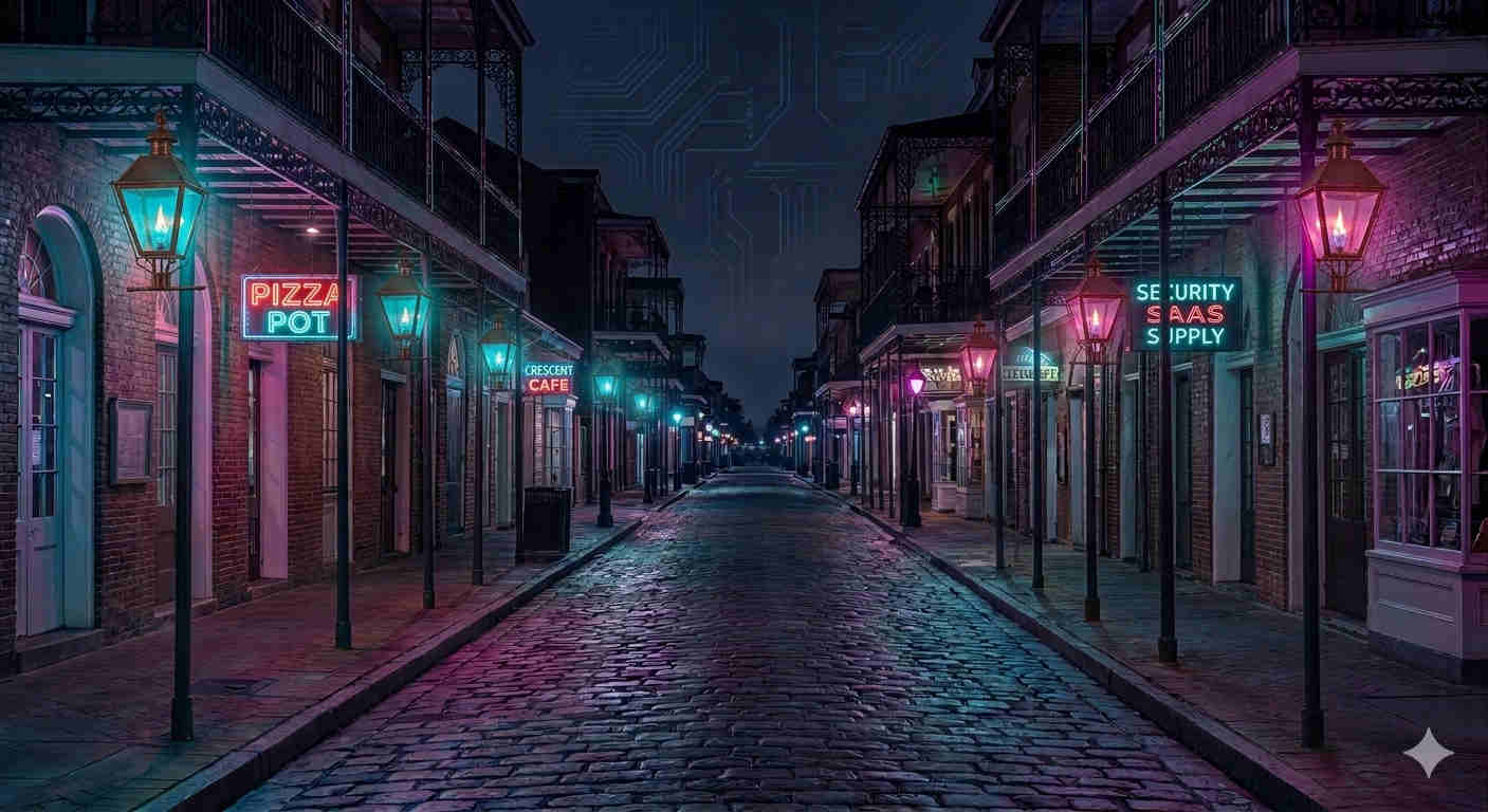 Picture of Finn Devs text over backdrop of new orleans colored in 1980s video games aesthetic